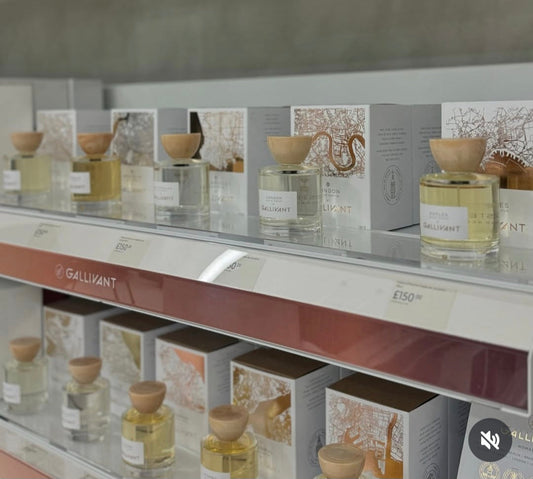 Gallivant niche fragrances displayed on a shelf